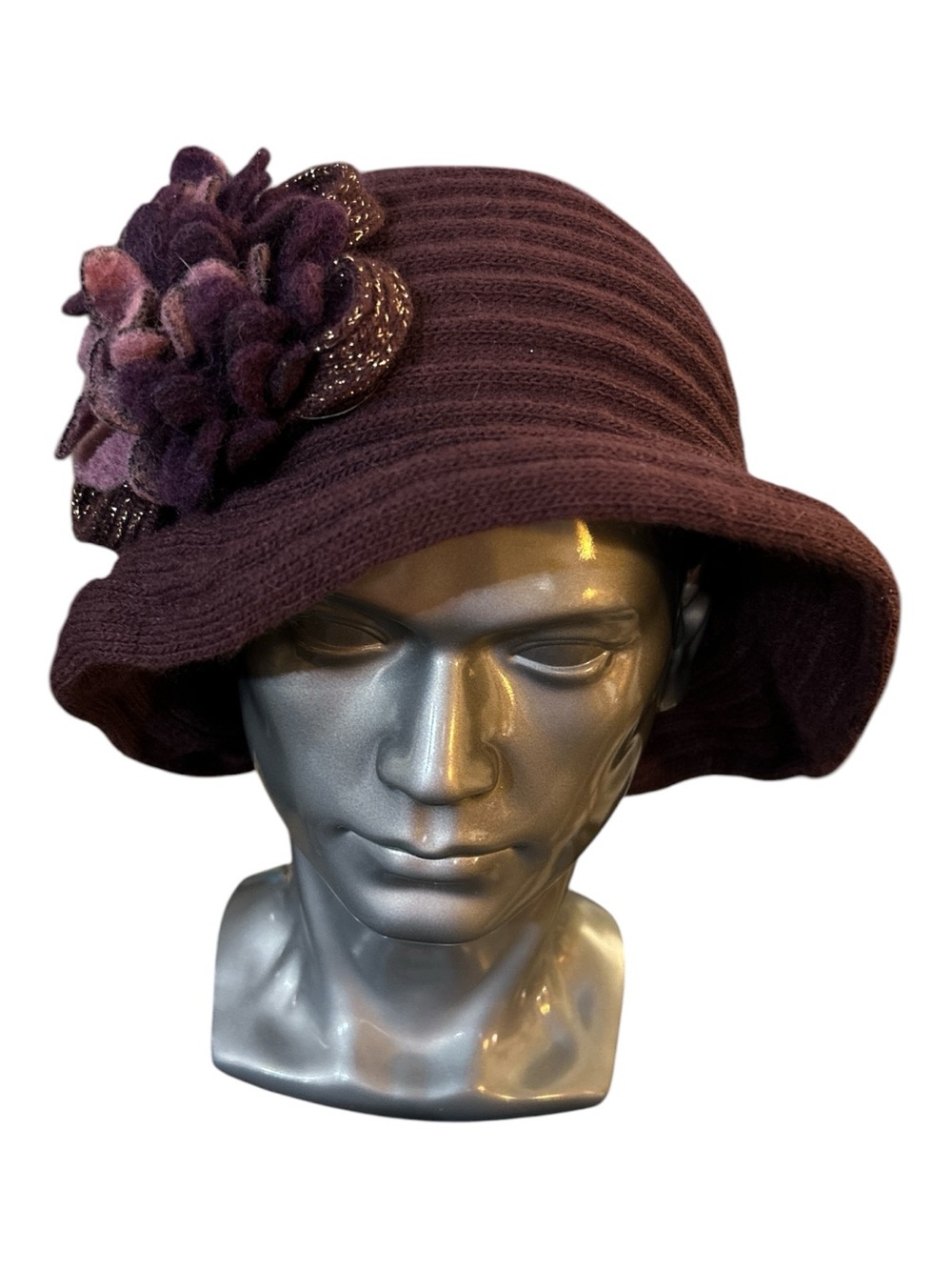 Complit By Marisa Vintage Felted Cloche Hat Burgundy Made in Italy Flower